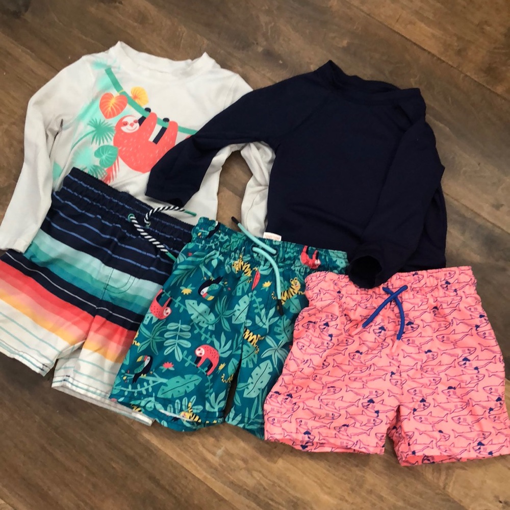Cat & Jack 2T swim trunks (3) & swim shirts (2)